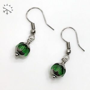 Emerald & Silver Cathedral Glass Earrings